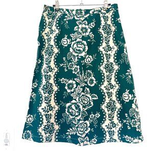 Vintage Utility Canvas Green Floral Print A-Line Cotton Skirt Women's Medium
